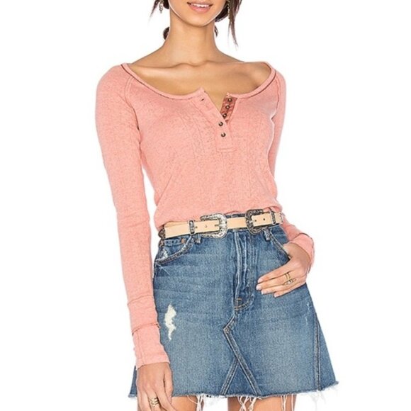 Free People Sugar & Spice Pointelle Long Sleeve Henley Thermal Top Casual Small - Picture 1 of 10